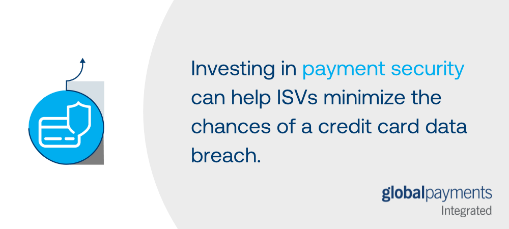 A graphic that says "Investing in payment security can help ISVs minimize the chances of a credit card data breach." There is an icon of a credit card and shield to communicate the idea of security.