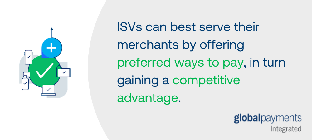 Infographic summary with an icon of various payment devices such as a mobile phone, point of sale system, and laptop. The text beside it says "ISVs can best serve their merchants by offering preferred ways to pay, in turn gaining a competitive advantage."