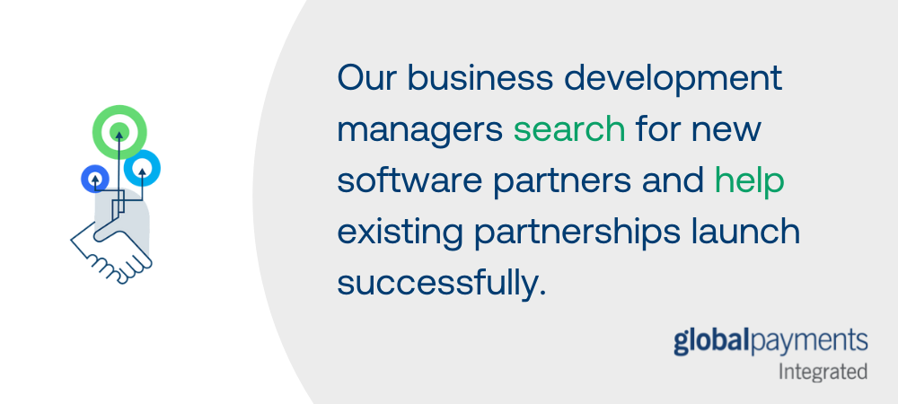 Graphic showing an icon of shaking hands and bullseye targets on the left. On the right, the text says "Our business development managers search for new software partners and help existing partnerships launch successfully."
