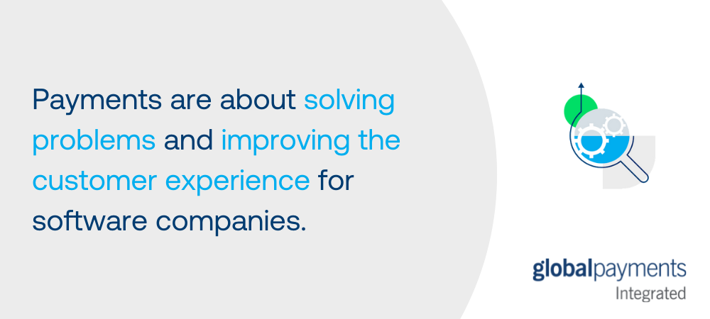 Graphic showing an icon of a magnifying glass and gears on the right. On the left, the text says "Payments are about solving problems and improving the customer experience for software companies."