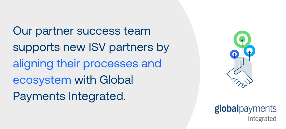 Infographic says "Our partner success team supports new ISV partners by aligning their processes and ecosystem with Global Payments Integrated." There is an icon of shaking hands.
