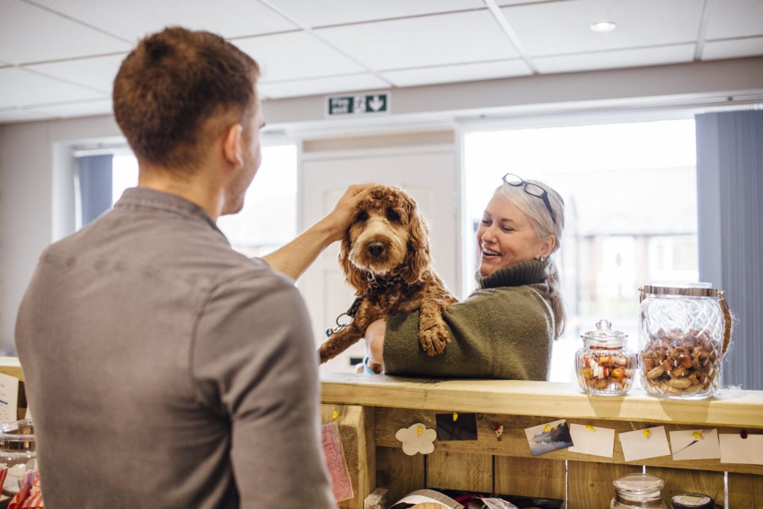 A person holding a dog over a counter while the person behind the counter pets the dog.