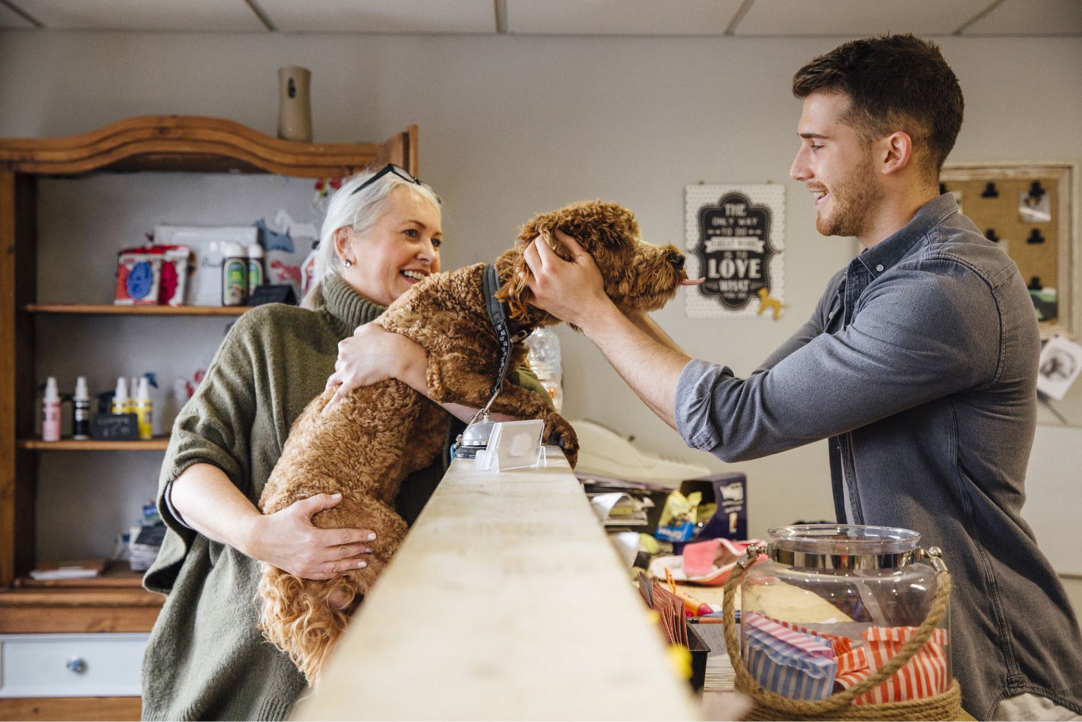 a pet owner picking up their dog from the vet