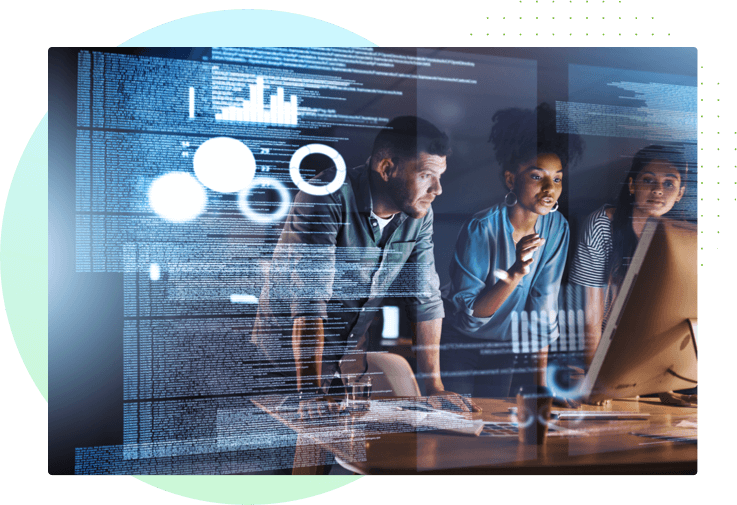 one man and two women looking at a computer with payments technology overlay