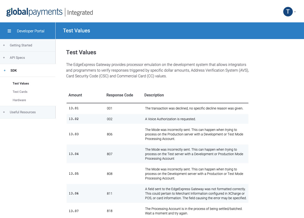 test values screen shot from developer portal