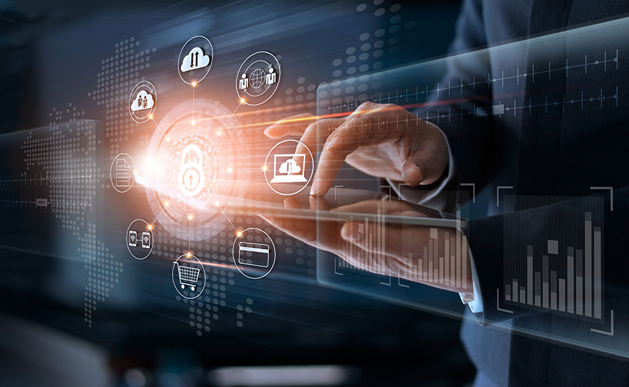 man working on a touch screen device