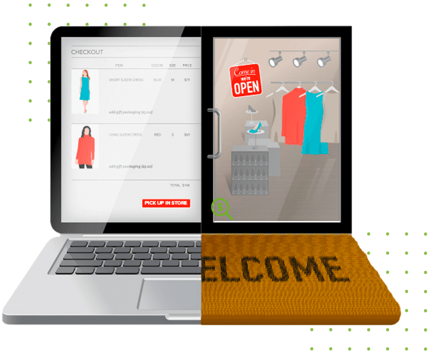 Illustration of laptop screen that is split so that one half looks like a welcome mat